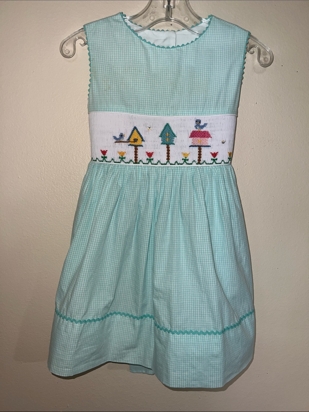 Vintage Anavini Girls Mint Green Hand Smocked Birdhouse Dress Size 2